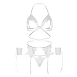 LEG AVENUE - ENSEMBLE QUATRE PIÈCES SOUTIEN-GORGE, STRING, PORTE-JARRETELLES ET POIGNETS TAILLE UNIQUE - BLANC