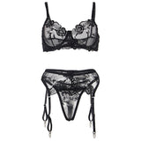 SUBBLIME - LOT 3 PIÈCES SOUTIEN-GORGE + STRING + JARRETIÈRE IMPRIMÉ FLORAL NOIR L/XL