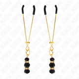KINK - PINCES À TETON FINES OR AVEC 3 BILLES DE VERRE NOIR 7 CM