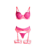 SUBBLIME - 955366 ENSEMBLE SOUTIEN-GORGE AVEC LIGNES DE DENTELLE ET JARRETELLES ROSE ET VIOLET L/XL