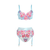 SUBBLIME - 957643 ENSEMBLE SOUTIEN-GORGE ET PORTE-JARRETELLES BRODÉ FLEURS ROSE S/M
