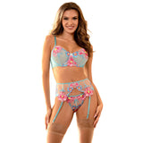SUBBLIME - 957643 ENSEMBLE SOUTIEN-GORGE ET PORTE-JARRETELLES BRODÉ FLEURS ROSE S/M