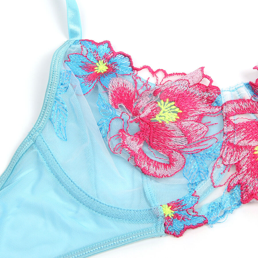 SUBBLIME - 957650 ENSEMBLE SOUTIEN-GORGE ET PORTE-JARRETELLES BRODÉ FLEURS ROSE L/XL