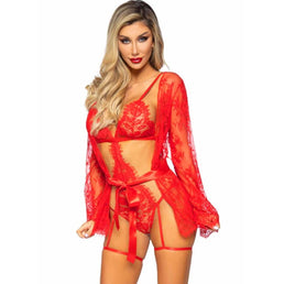LEG AVENUE - 86123 ENSEMBLE PEIGNOIR ET PORTE-JARRETELLES ROUGE TAILLE S