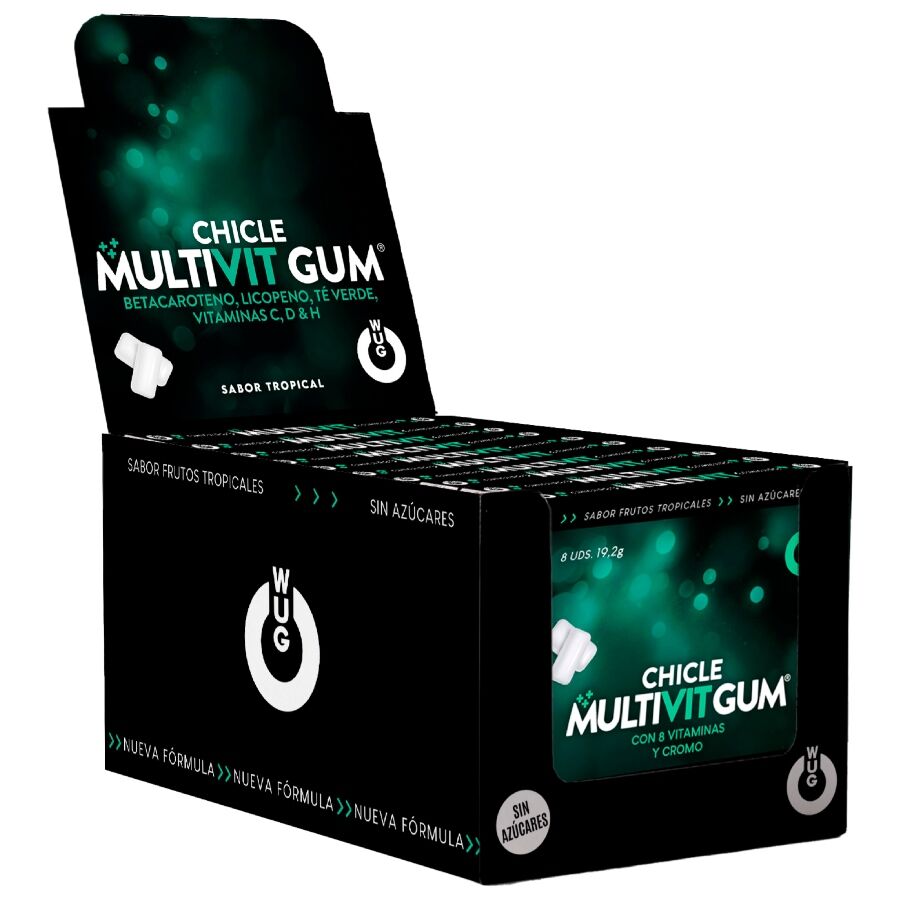 WUG GUM - MULTIVIT VITAMINES C, H, D, BÊTA-CAROTÈNE, LYCOPÈNE ET THÉ VERT | PRÉSENTOIR 12 X 8 UNITÉS
